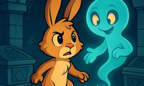 A young rabbit named Bramble, with golden-brown fur and large upright ears, stands at the center of an ancient mausoleum. His face shows a mix of determination and slight fear, his eyes shining with courage. He looks around, ready to face the unknown. Beside him, a translucent spirit named Shadefoot floats, with an ethereal body and glowing eyes like embers. His expression is kind as he reaches out a paw to encourage Bramble to move forward. The mausoleum is dark and mysterious, with worn stone walls, sarcophagi adorned with ancient patterns, and cobwebs hanging in the corners. A bluish light emanates from a glowing stone on the ground, creating an atmosphere that is both eerie and fascinating. The scene depicts Bramble approaching the glowing stone, ready to uncover the hidden secret of the mausoleum, while Shadefoot watches over him, prepared to assist in this daunting adventure.