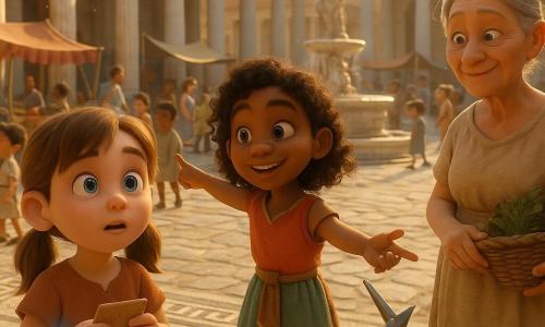 A 10-year-old girl with wide eyes and a slightly open mouth, hair in light brown pigtails, wearing a silver bracelet that emits a soft blue glow and holding a small clay card, stands in a bustling Roman forum by a marble fountain while children and merchants gather; nearby to the right Minerva, another ~10-year-old girl with curly brown hair in a colorful short Roman dress, smiles warmly and points toward the forum as she guides the younger girl; an elderly woman of about 65 with gray hair in a bun, a linen dress and a basket of herbs on her arm watches with a kindly smile; the forum features white marble columns, geometric floor mosaics, colorful market stalls, a central sculpted fountain, uneven paved streets and golden sunlight and dust, and the crowd admires a small mechanical sundial on a pedestal, creating a curious, magical atmosphere.