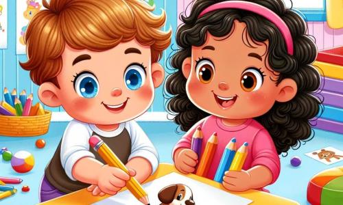A 3-year-old boy named Timmy, with sparkling blue eyes and curly hair, is sitting at a classroom table, a big smile on his face, holding colorful crayons in his small hands. Next to him, a 3-year-old girl named Mia, with curly brown hair, encourages him with a warm smile, holding a brown crayon to draw a dog. The scene takes place in a bright classroom, with walls decorated with children's drawings, colorful wooden tables, and toys scattered on the floor. Timmy and Mia are drawing together, creating a nice picture of a dog, while other children play joyfully around them.