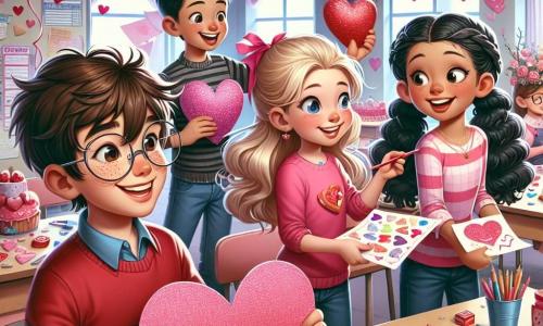 Ilustración que representa una escena alegre de la fiesta de San Valentín en una escuela primaria. Un niño de 11 años, con cabello castaño alborotado y gafas, sonríe sosteniendo una gran tarjeta en forma de corazón decorada con purpurina. A su lado, una niña de 11 años, con cabello rubio y rizado, lleva una camiseta rosa y sostiene una bandeja llena de caramelos coloridos, radiante de felicidad. Otra niña de 11 años, con cabello negro y liso, está pegando corazones de papel en las paredes, concentrada y entusiasta. Finalmente, una niña de 11 años, con trenzas y gafas, mira a su alrededor con una sonrisa orgullosa, sosteniendo una lista de invitados. El lugar principal es un aula luminosa, decorada con guirnaldas de corazones de papel, globos rosas y rojos flotando en el techo, y una gran mesa central llena de golosinas coloridas. La situación principal muestra a los niños preparando la fiesta, riendo y ayudándose mutuamente a decorar el aula, creando una atmósfera festiva y cálida.