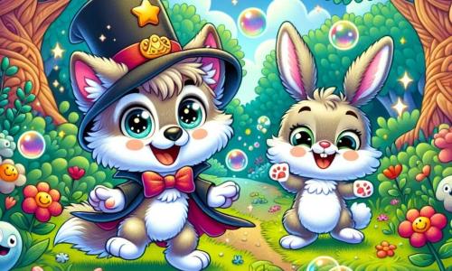 An illustration depicts a small wolf, a boy with sparkling eyes and soft fur, wearing an oversized magician's hat, with a joyful and determined expression. He is dancing by a river, surrounded by colorful bubbles floating around him. Next to him is a small rabbit, a girl with large ears and bright white fur, laughing heartily with mischievous eyes, happily hopping on the grass. The main setting is an enchanted forest, with gnarled trees and vibrant green leaves, where smiling-faced flowers bloom around them, and a sparkling river flows peacefully, filled with bubbly effervescence. The main scene shows the little wolf and the rabbit making the river smile again, with laughter echoing in the air, creating a joyful and magical atmosphere. Other graphic elements include colorful bubbles around the characters, smiling-faced flowers, and sun rays filtering through the tree branches, adding a touch of magic to the scene.