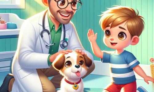 Um veterinário homem, Dr. Pedro, está no centro da imagem. Ele tem cerca de quarenta anos, com cabelos castanhos levemente grisalhos e óculos redondos. Usa um jaleco branco e um estetoscópio ao redor do pescoço, sorrindo calorosamente enquanto examina um cachorro fofo, Toby, que tem uma pata levemente inchada. Ao lado dele, um menino de cinco anos chamado Lucas, com cabelos loiros bagunçados e olhos brilhantes de curiosidade, observa atentamente. Ele usa uma camiseta azul e um short vermelho, e está de joelhos perto de Toby, estendendo a mão para acariciar o cachorro. O cenário é um pequeno consultório veterinário colorido, com paredes pintadas de verde claro, cartazes de animais pendurados e brinquedos para animais espalhados pelo chão. Uma janela deixa entrar a luz do sol, iluminando o ambiente. A situação principal mostra Dr. Pedro tranquilizando Lucas, explicando como vai cuidar de Toby, enquanto o cachorro, embora machucado, olha para os dois com olhos cheios de confiança e afeto.