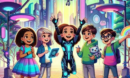 No centro da imagem, quatro amigas se juntam, todas sorridentes e cheias de entusiasmo. À esquerda, Clara, uma menina de 10 anos com cabelos cacheados e castanhos, usa uma combinação futurista azul e segura um pequeno robô nas mãos. À sua direita, Sofia, também de 10 anos, tem cabelos longos e loiros, veste um vestido colorido e desenha em uma tablet flutuante. À direita de Sofia, Lívia, uma menina de 10 anos com cabelos curtos e negros, usa uma camiseta verde e uma calça prateada, levantando os braços no ar, cheia de energia. Por fim, à direita, Ana, uma menina de 9 anos com cabelos castanhos e óculos, veste um moletom rosa e observa maravilhada a paisagem. Elas estão em Technoria, uma cidade futurista vibrante, com árvores metálicas e folhas brilhantes sob um céu azul. Edifícios de vidro com formas orgânicas, iluminados por neon colorido, se estendem à vista. Veículos flutuantes passam acima delas, enquanto robôs dançam alegremente nas calçadas. As quatro amigas estão diante de uma porta misteriosa que as transportou para este mundo mágico, prontas para entrar na aventura, com os rostos iluminados pela excitação e curiosidade.
