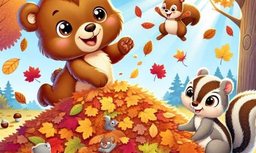 An illustration depicts a young brown bear with sparkling eyes and soft, silky fur joyfully jumping into a large pile of colorful leaves, wearing a wide smile. Nearby, a small gray squirrel with bright eyes and a bushy tail watches with amusement, its little paws raised, ready to jump into the pile as well. A cheerful striped chipmunk, with cheeks full of acorns, stands a bit further away, laughing and applauding the bear, its tiny paws on its hips. The main setting is an enchanting garden, where trees with golden, red, and orange leaves majestically rise, the ground covered with a thick carpet of crunchy leaves. Sun rays filter through the branches, creating dancing light spots on the ground. The scene shows the young bear having fun diving into the pile of leaves, surrounded by its animal friends, joyfully celebrating the arrival of autumn. Other graphic elements include scattered acorns, fluffy clouds in a clear blue sky, and colorful birds flying above, adding life and movement to this joyful autumn scene.
