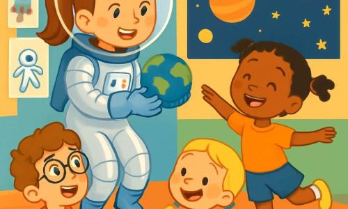 Een vrouwelijke astronaut, genaamd Astrid, glimlachend en vol enthousiasme, draagt een glanzend ruimtepak met zilveren accenten. Ze heeft kastanjebruin haar in een paardenstaart en sprankelende nieuwsgierige ogen. Astrid zweeft lichtjes in de lucht, terwijl ze een klein model van de aarde in haar handen houdt. Naast haar kijkt een 7-jarig jongetje, Sam, met krullend haar en een bril, naar Astrid met verwonderde ogen. Hij zit op de grond van het klaslokaal, omringd door zijn klasgenoten, en houdt een klein plastic ruimteschip vast. Een 6-jarig meisje, Noor, met vlechten en een stralende glimlach, staat op om Astrid na te doen door te dansen, met uitgestrekte armen alsof ze in de ruimte zweeft. De locatie is een kleurrijk klaslokaal, versierd met posters van planeten en fonkelende sterren. Tekeningen van astronauten en raketten hangen aan de muren, en stervormige kussens liggen verspreid op de grond. De hoofdscène toont Astrid die de kinderen uitlegt hoe ze in de ruimte leeft, terwijl ze lachen en dansbewegingen imiteren, wat een vrolijke en dromerige sfeer creëert.