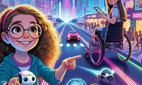 Clara, una niña de nueve años con cabello rizado y gafas redondas, está en el centro de la imagen, sonriendo y llena de energía, sosteniendo un pequeño robot en sus manos. A su derecha, Sofía, una niña de nueve años con cabello largo y liso, sentada en una silla de ruedas futurista, mira a Clara con admiración, sosteniendo un dispositivo electrónico. Al fondo, la ciudad de Neonópolis se extiende con torres de cristal brillantes bajo un cielo crepuscular, iluminadas por neones multicolores. Coches voladores surcan el cielo, dejando estelas luminosas, mientras un gran holograma en la plaza muestra imágenes de la ciudad. La escena principal muestra a Clara y Sofía explorando un área de la ciudad donde las luces comienzan a parpadear, rodeadas de ciudadanos preocupados. Clara señala un pequeño dron de mantenimiento atascado entre cables, mientras Sofía usa su tableta para programar su robot y ayudarlo.
