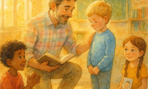 Een vriendelijke mannelijke leerkracht knielt voor een verlegen jongetje (Sam, ~7) met lichtblond haar en een hemelsblauwe trui, houdt een open boek in één hand en legt de andere hand licht op zijn schouder terwijl hij hem aanmoedigt; rechts zit een meisje (Lina, ~8) met bruin gevlochten haar in een gele jurk en een klein emotiespeelkaartje, links applaudisseert een krullig zwartharig jongetje (Mees, ~7) in een rood hemd; de lichte, kleine klas heeft grote ramen met gouden avondlicht, groene krijtborden, houten boekenkasten, alfabetposters en een slinger van kindertekeningen; het warme, geruststellende moment waarin het kind hardop durft te lezen is centraal, met zachte gebaren, aandachtige blikken en kinderen in een cirkel; kleurenpalet in warme pasteltinten (goudgeel, hemelsblauw, saliegroen, lichtroze), aquarelachtige texturen en gecontroleerde spatters aan de randen, lichte net-van-boven compositie en zacht licht van links.