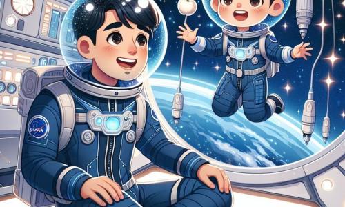 El personaje principal, un hombre de unos treinta años, es el comandante Julián Torres. Lleva un elegante uniforme azul oscuro de astronauta, con un casco transparente que refleja las estrellas brillantes. Su rostro expresa una profunda curiosidad y una alegría palpable mientras flota en la estación espacial. A su lado, un niño de 10 años, Leo, tiene el cabello castaño revuelto y una amplia sonrisa. Lleva un pequeño traje de astronauta y parece maravillado por las maravillas del cosmos. Leo está extendiendo la mano hacia una manzana flotante, cautivado por la magia de la microgravedad. La escena se desarrolla dentro de la estación espacial Orión, un espacio futurista con paredes metálicas blancas y luces suaves, con grandes ventanas circulares que ofrecen una vista espectacular de la Tierra azul y las estrellas brillantes de fondo. La situación principal muestra a Julián y Leo explorando la estación, rodeados de diversos instrumentos científicos flotantes, mientras comparten risas y descubrimientos, ilustrando el asombro y la amistad que nacen en la inmensidad del espacio.