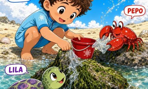 Un niño de 4 años, Hugo, alegre y concentrado, de rostro redondo, cabello castaño rizado y ojos grandes, lleva un pequeño traje de neopreno azul claro; agachado en la orilla tira suavemente de un trozo de plástico atrapado en una roca con un cubo rojo a su lado, mientras una tortuga marina llamada Lila, con caparazón verde y motivos morados, nada junto a la roca y lo mira agradecida rozando la superficie y expulsando pequeñas burbujas; un pequeño cangrejo rojo, Pepo, de caparazón brillante y grandes pinzas, empuja el plástico hacia el cubo desde una piedra a la derecha de Hugo; un pececito azul brillante nada en círculos sobre la escena creando destellos plateados; la playa muestra agua poco profunda y translúcida, arena pálida, rocas con algas y conchas, horizonte y cielo azul con algunas nubes; la escena presenta una acción colaborativa y tranquila para retirar el plástico, con colores vivos y texturas detalladas.