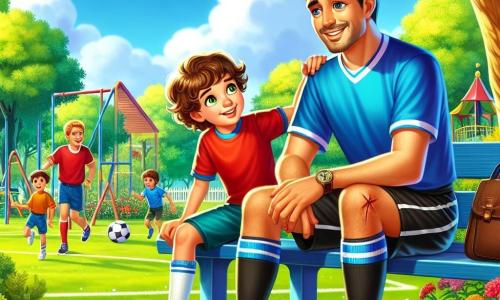 Un uomo, Simone, è seduto su una panchina in un parco, con un sorriso caloroso e occhi brillanti di entusiasmo. Indossa un completo da calciatore, con una maglietta blu vivace e pantaloni neri, e ha una leggera escoriazione al ginocchio, segno che si è appena fatto male. Accanto a lui, un ragazzo di 10 anni, Luca, con capelli ricci e castani, lo guarda con ammirazione, tenendo un pallone da calcio sotto il braccio. Luca indossa una maglietta rossa e pantaloni blu, ed è visibilmente eccitato e curioso. Il parco è verdeggiante, con alberi maestosi, fiori colorati e un'area giochi sullo sfondo. Alcuni bambini giocano a calcio su un piccolo campo erboso, mentre altri si dondolano sulle altalene. La scena è luminosa e gioiosa, piena di risate e buonumore. Simone e Luca discutono insieme, condividendo sogni di calcio, mentre il sole splende sopra di loro, creando un'atmosfera calda e amichevole.