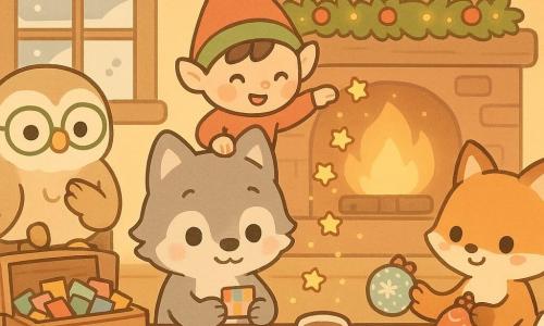 Un piccolo lupo antropomorfo carino dal pelo grigio, grandi occhi rotondi e sguardo meravigliato, seduto al bordo di un tavolo di legno con un biglietto colorato tra le zampe; il Lutin Farceur, un elfo birichino col cappello a punta rosso e verde e guance rosa, in piedi sul tavolo che lascia cadere stelline di carta; una civetta con occhiali rotondi e piume crema, saggia e curiosa, seduta a sinistra con una zampa sul petto; un piccolo volpe dal pelo rosso a destra che offre una palla di neve decorata in stoffa; un coniglio dalle lunghe orecchie bianche che cuce un piccolo guanto vicino al tavolo; la stanza è una casetta accogliente con un grande camino arancione, ghirlande rosse e dorate, luci gialle soffuse, finestre appannate e neve fuori; sul tavolo rustico una scatola di legno aperta etichettata Choix du cœur con biglietti colorati visibili, alcuni biscotti e una tazza di cioccolata fumante; scena principale: momento di condivisione e sorpresa gioiosa, amici che pescano biglietti mentre stelline di carta cadono come una pioggia lieve, atmosfera cozy, colori caldi e forme rotonde, composizione centrata e leggibile per un bambino.