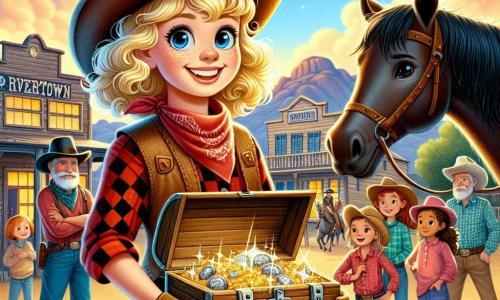 Clara, una giovane cowgirl dai capelli castano chiaro e dagli occhi azzurri, è al centro dell'immagine, sorridente e determinata, mentre tiene un vecchio forziere di legno pieno di tesori scintillanti. Indossa un cappello da cowboy di feltro, una camicia a quadri rossa e un jeans usurato, con stivali di cuoio. Accanto a lei, Lightning, il suo fedele cavallo nero, sta fiero, con le narici che fremono per l'eccitazione. Dietro di lei, suo padre, un uomo di una cinquantina d'anni con una barba grigia e un ampio sorriso, osserva con orgoglio, le braccia incrociate, mentre un gruppo di bambini del villaggio, di età compresa tra 8 e 12 anni, si avvicina con occhi stupiti, impazienti di ascoltare la sua storia. La scena si svolge nel piccolo villaggio di Rivertown, circondato da colline dorate sotto un cielo blu splendente, con case in legno tipiche del West americano e un saloon sullo sfondo. Clara, dopo aver scoperto un tesoro nascosto nel deserto, condivide la sua gioia con la comunità, pronta a utilizzare la sua scoperta per migliorare la vita di tutti, creando così un'atmosfera di eccitazione e unità.