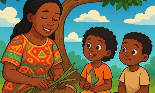 Amara, una donna di mezza età con capelli neri intrecciati e un abito colorato decorato con motivi africani, è seduta sotto un grande albero di kapok. Il suo volto irradia dolcezza e saggezza, con un sorriso caloroso che invita all'ascolto. Sta tessendo cesti con foglie di palma, mani delicate e abili. Accanto a lei, Sira, una bambina di 8 anni con capelli ricci e occhi brillanti, guarda Amara con ammirazione. Tiene in mano una foglia colorata, pronta a raccontare una storia. Poco lontano, Babou, un ragazzo di 7 anni con vestiti semplici e guance paffute, ascolta attentamente, seduto sull'erba, con gli occhi pieni di eccitazione. La scena si svolge sotto un cielo blu splendente, con nuvole bianche che fluttuano. Il grande albero di kapok, con rami estesi e foglie verdi brillanti, crea un'ombra dolce sul terreno. Intorno a loro, fiori colorati e erbe danzano al ritmo del vento, aggiungendo un tocco di magia all'ambiente. In questa illustrazione, Amara e i bambini si preparano ad ascoltare il vento, che sembra sussurrare storie antiche, creando un'atmosfera di curiosità e meraviglia.