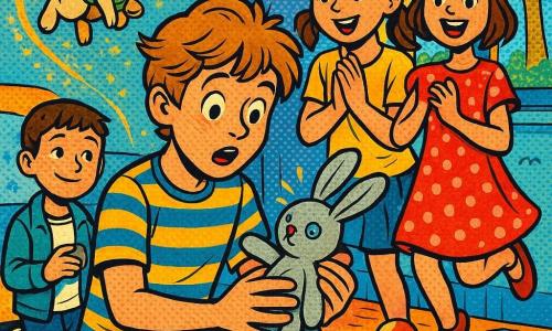 Tommaso, 12 anni, viso sorpreso ed emozionato, capelli castano chiaro spettinati, maglietta a righe blu e gialle, è inginocchiato davanti a una vecchia scatola da scarpe aperta tenendo teneramente un piccolo pupazzo-coniglio grigio con un bottone blu come occhio; Marta, circa 9 anni, espressione gioiosa e complice, treccine, sta in piedi accanto a lui applaudendo dolcemente; Giulia, 7 anni, occhi brillanti, vestito rosso a pois bianchi, salta dietro Tommaso piena di meraviglia; Riccardo, 9 anni, abbigliamento casual, tiene un sasso e sorride timidamente a sinistra del gruppo; Lino, piccolo coniglio magico non umano alto quanto una bottiglia, pelliccia beige, gilet verde e mini-campanellino dorato al collo, fluttua lasciando una scia di scintille dorate e vanigliate; ambiente: cameretta luminosa con parete pastello, coperta a stelle, finestra sul platano del giardino, giocattoli e una mappa per la caccia alle uova sul letto; situazione: ritrovamento felice e magico del peluche con amici che condividono la gioia, luci calde, spruzzi di glitter e colori vivaci in stile pop art; grafica: colori saturi, contorni spessi, texture carta ritagliata, ombre piatte, atmosfera allegra e calda.