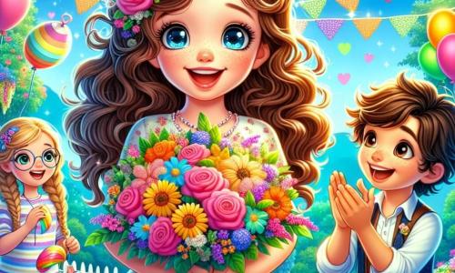 Una bambina di 9 anni, di nome Stella, con lunghi capelli ricci e occhi brillanti, sorride felicemente tenendo un mazzo di fiori colorati tra le braccia. Indossa un vestito leggero a fiori ed è circondata dai suoi amici. Accanto a lei c'è Marco, un ragazzo di 10 anni con capelli castani disordinati e un grande sorriso, che tiene un pallone colorato e guarda Stella con ammirazione. Proprio accanto, Giulia, una ragazza di 9 anni con trecce e occhiali rotondi, applaude con entusiasmo, i suoi occhi brillano di gioia. La scena si svolge in un giardino incantevole, pieno di fiori vivaci, luci scintillanti e ghirlande colorate appese agli alberi. Il cielo è di un blu brillante, punteggiato da alcune nuvole bianche e morbide. Stella e i suoi amici stanno preparando una sorpresa magica per la festa della mamma, circondati da decorazioni festive, mentre la mamma di Stella, Luna, arriva, con gli occhi spalancati per la sorpresa e la felicità.