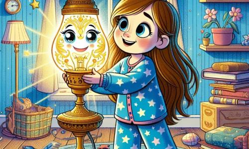 Una niña de 12 años, Clara, con largos cabellos castaños y ojos brillantes de curiosidad, se encuentra en el centro de la escena, con una amplia sonrisa en su rostro. Lleva un pijama azul con estrellas blancas y sostiene una lámpara antigua que brilla con una luz dorada. A su lado, una lámpara mágica llamada Lampi, con una base de latón y una bombilla de vidrio colorido, emite destellos luminosos y parece bailar alegremente. El decorado es una habitación acogedora, llena de libros de cubiertas coloridas, juguetes esparcidos y paredes pintadas de azul pastel. Una ventana deja entrar la luz de la luna, creando una atmósfera suave y soñadora. La situación principal muestra a Clara y Lampi riendo juntos, mientras una serie de cubiertos bailan sobre la mesa, creando una alegre cacofonía musical. Los cubiertos están animados, con caras sonrientes, y parecen interpretar una sinfonía alegre, añadiendo un toque de magia a la escena.
