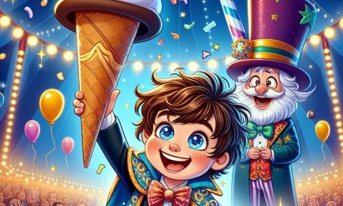 Un niño de 7 años, Lulito, con el cabello castaño alborotado y ojos brillantes de alegría, se encuentra en el centro del escenario, vestido con una capa brillante y un sombrero de mago demasiado grande para él, con el rostro iluminado por una gran sonrisa de emoción. A su lado, Don Pepino, un hombre de unos 30 años con un gran sombrero en forma de cono de helado y un traje colorido, lo observa con orgullo, listo para ayudarlo en su número mágico. Al fondo, la gran carpa del circo está decorada con luces centelleantes y banderines coloridos, llena de espectadores maravillados, mientras globos flotan en el aire. La escena representa a Lulito levantando un gran sombrero de mago, rodeado de una lluvia de confeti y pequeños dulces que caen del cielo, ilustrando el momento mágico en que realiza su primer truco de magia.