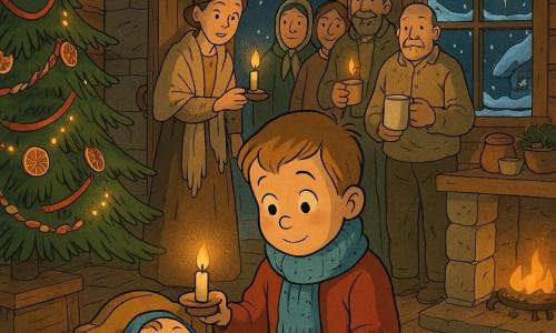 Bambino di 6 anni, volto rotondo e guance rosate, occhi grandi e luminosi, espressione dolce e concentrata; tiene in grembo una piccola culla di legno che culla lentamente, indossa un semplice cappotto rosso e una sciarpa di lana blu. Donna di 25–35 anni (la madre), capelli castani legati, sguardo commosso e sollevato; entra nella stanza portando una piccola candela offertale. Neonato maschio avvolto in una coperta azzurra, volto sereno con un piccolo sorriso sonnolento; dorme nella culla. Diversi volontari adulti (uomini e donne, 30–60 anni) in abiti caldi e semplici stanno sullo sfondo a semicerchio; alcuni tengono candele, altri sistemano decorazioni o portano una tazza di latte. Interno caldo di un rifugio in legno: camino in pietra con fiamma tenue, grande albero di Natale decorato con nastri e frutta secca, ghirlande luminose, pareti di tavole con tracce di neve entrata dalla porta. Vista dalla finestra: notte fredda e neve fitta che scintilla sotto una stella brillante. Scena principale: intima e luminosa di notte — il bambino culla la culla al centro, una lanterna e candele creano un alone dorato che illumina i volti; atmosfera morbida, texture di lana, legno cerato e vapore di bevande calde, in contrasto col blu freddo della neve esterna.