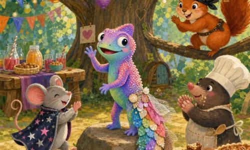 Un pequeño camaleón infantil, Lila, de escamas irisadas que cambian de rosa a azul, verde y violeta, sonriente y tímida, lleva una cola de sirena arcoíris hecha de papel reciclado, con conchas brillantes y telas, y camina orgullosa sobre una piedra levantando la pata para saludar; a su izquierda Nico, una ratoncito ágil con capa de astronauta oscura adornada de estrellas rosas y plateadas, gira y aplaude; a la derecha Susi, una ardilla pelirroja con pañuelo de pirata, salta en una rama baja aplaudiendo con gesto pícaro; cerca, Ramón, una topito regordete con gorro de chef, aplaude junto a una mesa de madera con migas de pastel; el claro del bosque está decorado con guirnaldas, banderines y farolillos de papel, un gran árbol de hojas multicolores y mesas rústicas con zumos y tartas; escena central: desfile de disfraces con Lila en el centro rodeada de amigos que la miran con admiración y aplausos, ambiente cálido, festivo e inclusivo, luces suaves y colores vivos, estilo gouache infantil con textura de pincel visible.
