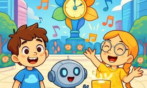 Ci sono 3 personaggi: - Luca: un ragazzo di 8 anni con capelli castani disordinati e occhi scintillanti. Indossa una t-shirt blu con un motivo di nuvola e pantaloni corti verdi. È a sinistra, sorridente, con un piccolo robot accanto. - Sara: una ragazza di 8 anni con lunghi capelli biondi intrecciati e occhiali rotondi. Indossa un vestito giallo con motivi floreali. Si trova al centro, sollevando le braccia con entusiasmo, tenendo una scatola brillante. - Pico: un piccolo robot rotondo e amichevole, con occhi luminosi e un corpo in metallo argentato. È in mezzo, tra Luca e Sara, con braccia articolate, pronto ad aiutarli. Il luogo è la Piazza Centrale di Luminia, una grande piazza circolare in pietra chiara, circondata da edifici futuristici con facciate scintillanti. Al centro, un immenso orologio di luce brilla con petali colorati che si aprono e chiudono al ritmo del sole. Fiori luminosi e alberi con foglie argentate decorano la piazza, mentre droni fluttuano nel cielo blu. La situazione principale mostra i tre personaggi che cantano insieme per riattivare l'orologio di luce. Note musicali colorate fluttuano intorno a loro e la gente della città li guarda sorridendo, creando un'atmosfera gioiosa e collaborativa.