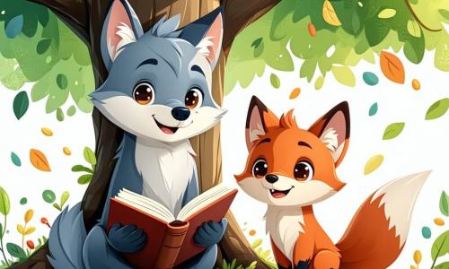 Un piccolo lupo di nome Lupo, con il pelo grigio e occhi brillanti, è seduto sotto un grande albero verde, sorridendo orgoglioso dopo aver superato il suo compito di matematica. Tiene un libro aperto tra le zampe anteriori, circondato da foglie colorate. Accanto a lui, la sua migliore amica, una volpe rossa con una coda folta, salta di gioia, i suoi occhi brillano di eccitazione. Porta uno zainetto pieno di matite e quaderni, applaudendo a Lupo con entusiasmo. Poco più in là, un orso bruno di nome Bruno, grande e robusto, guarda con un sorriso benevolo, tenendo un grosso libro di matematica. Sembra orgoglioso dei suoi amici e si tiene in piedi, le braccia incrociate, incoraggiandoli. La scena si svolge in una radura soleggiata, con fiori colorati e raggi di sole che filtrano tra le foglie dell'albero. Farfalle volano intorno a loro, aggiungendo un tocco di magia all'ambiente. La situazione principale mostra Lupo che celebra il suo successo scolastico con i suoi amici, illustrando l'importanza della collaborazione e dell'amicizia nell'apprendimento.