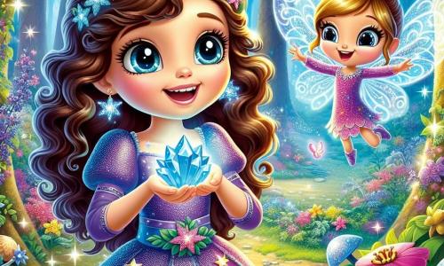 A young witch named Mia, with long curly brown hair and big curious eyes, stands at the center of the scene, her face illuminated by a smile of excitement and determination. She wears a purple dress adorned with sparkling stars and holds a shining blue crystal that emits a soft glow. Beside her, Flitter, a small fairy with translucent shimmering wings, joyfully flies around her, her eyes sparkling with joy. Flitter has golden hair and wears a dress made of colorful flower petals. Their environment is the enchanted forest of the Whispering Woods, with trees having silver leaves that shimmer in the sunlight and colorful flowers dancing in the breeze. The ground is covered with soft moss and small brightly colored mushrooms. The main scene shows Mia and Flitter discovering the magical crystal amidst a field of bluebells that gently chime, surrounded by a fairy-tale atmosphere full of magic and adventure.
