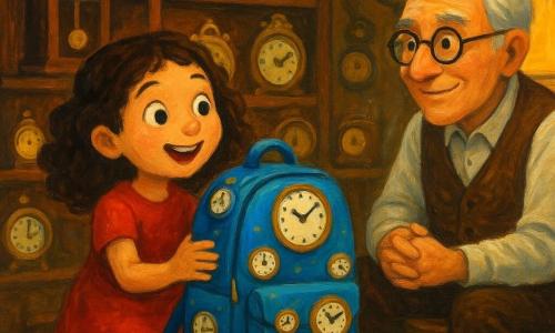 A six-year-old girl, Mina, with curly brown hair and wearing yellow socks, looks in wonder at a blue backpack adorned with small clocks. Her eyes are wide open and she has an amazed smile. Next to her, an elderly man, Mr. Cog, with silver hair and round glasses, sits at a workbench filled with small tools and gears. He wears a vest and observes Mina with a kind smile. The scene takes place in a watch shop, filled with antique watches and clocks with various ticking sounds, with dark wooden shelves and soft light filtering through a window. The main situation shows Mina discovering the magical backpack, surrounded by clocks that seem almost alive, creating an atmosphere of mystery and temporal magic.