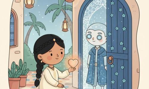 Noor, ongeveer 30–35 jaar, honingkleurige huid en zwarte haren in een eenvoudige gevlochten kroon, met een zachte glimlach en tedere blik, knielt op een klein geweven kleed in een crèmekleurige jurk met gouden borduursels en reikt een hartvormige steen uit die een warme oranje gloed verspreidt; achter de lage, met bloemen versierde blauwe deur staat een zichtbare djinn, slank en lichtdoorzichtig met spiegelachtige ogen en een mantel van nacht en stralen, de deur staat op een kier en een welwillende zilverachtige gloed stroomt eruit; de smalle straat is geplaveid met kleurrijke mozaïeken, hangende koperen lantaarns, potplanten en palmen tegen een sterrenhemel, de steen verlicht hun gezichten.