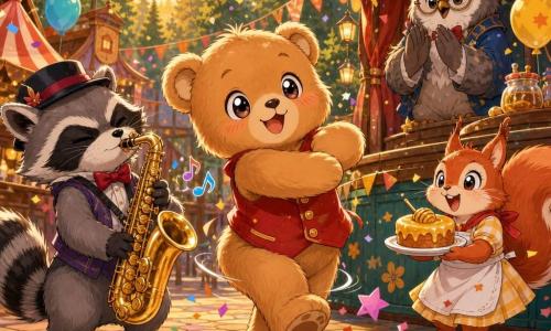 The main character is Oliver, a small light-brown teddy bear with big shiny eyes, wearing a red buttoned vest, smiling shyly while twirling and dancing on tiptoe with soft fur and rounded movements; beside him a mischievous raccoon musician plays a gleaming saxophone, and a lively red-squirrel seller holds a plate with a honey cake iced in yellow near a wooden stall; a wise old grey-feathered owl with round glasses watches and gently applauds from a small stage in the background; the scene is a festive outdoor carnival square by the forest with colorful cobbles, red-and-yellow bunting, floating balloons, painted wooden booths, hanging lanterns glowing in golden late-afternoon light and confetti stars drifting through the air.
