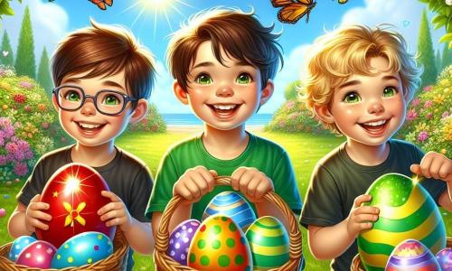 Drei fröhliche Jungen, Max, Tim und Leo, stehen im Mittelpunkt des Bildes. Max, ein 8-jähriger Junge mit braunen Haaren und einer Brille, hält ein glänzendes rotes Ei in seinen Händen. Rechts von ihm lächelt Tim, ein 7-jähriger Junge mit lockigem blondem Haar, und zeigt ein blaues Ei, das er gerade bemalt hat. Links entdeckt Leo, ein 6-jähriger Junge mit kastanienbraunen Haaren und einem grünen T-Shirt, ein großes gelbes Ei mit grünen Punkten, das hinter einem Busch versteckt ist. Der Hintergrund ist ein blühender Garten voller bunten Blumen und üppigen grünen Bäumen. Die Sonne scheint am klarblauen Himmel, und Schmetterlinge fliegen um die Kinder und verleihen der Szene einen Hauch von Magie. Die Jungen sind auf der Suche nach Ostereiern, umgeben von Weidenkörben, die mit Schokolade und bunten Eiern gefüllt sind. Der Ausdruck der Freude auf ihren Gesichtern zeigt ihre Aufregung und ihr Glück, dieses Fest gemeinsam zu feiern.