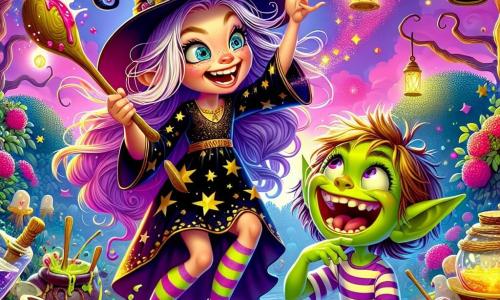 Una giovane strega di nome Viola, con lunghi capelli viola e occhi scintillanti di malizia, si trova al centro della scena, ridendo di cuore. Indossa un abito nero decorato con stelle dorate e tiene un grande cucchiaio di legno in una mano, mentre l'altra mano è alzata in aria, come se avesse appena lanciato un incantesimo. Accanto a lei, Gino, un goblin gioioso di circa 10 anni, con la pelle verde e orecchie a punta, si contorce dalle risate, con le braccia in aria. Indossa pantaloni a righe e una maglietta colorata, ed è seduto per terra, circondato da tazze di pozione spruzzate. Lo sfondo è un giardino incantato, pieno di fiori brillanti e lanterne scintillanti, con alberi dai tronchi contorti sullo sfondo e un cielo crepuscolare dai toni rosa e viola che aggiunge un'atmosfera magica. La scena principale mostra Viola e Gino mentre condividono un momento di gioia, circondati da bolle di pozione colorate che fluttuano nell'aria, mentre risate risuonano attorno a loro, creando un'atmosfera festosa e incantevole.