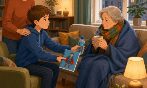 A 12-year-old boy with a round face and short light brown hair, attentive gentle gaze and calm slightly concerned expression, sits in an armchair near a sofa holding a small notebook with a superhero drawing on a blue cover and a water bottle; a neighboring woman of about 60 with fair skin, a green-and-orange scarf, tired but grateful eyes, wrapped in a blue blanket, sits on the sofa holding a steaming cup of tea; the boy’s mother, about 40, brown hair tied back, casually dressed, stands a short distance behind him with a gentle hand on his shoulder; warm living room interior with a warm lamp on a wooden table, low bookshelf, window showing light rain, colorful cushions and light wood floor; main scene: the boy offers the notebook and water to the sick neighbor, a calm caregiving moment focused on gestures of kindness, soft colors and clear contrasts.