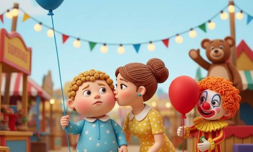 A 2-year-old boy with a shy smile and wide eyes, curly blond hair, round cheeks, wearing sky-blue clothes with small stars, still holding a string while his blue balloon floats away into a clear sky; his mother (about 30, female) with brown hair in a bun and a yellow polka-dot dress kneels beside him, gently kissing his cheek; a male clown with colorful makeup, an orange curly wig and a red-and-white striped costume offers a red balloon from slightly behind and to the right; background carnival street with colorful bunting, painted wooden stalls, round string lights and a costumed teddy on a platform; warm mood, bright colors, visible modeling-clay textures, soft shadows and simple composition for toddlers.