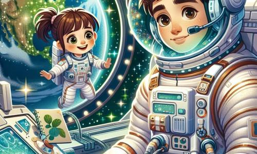Un giovane astronauta di circa 25 anni fluttua nello spazio, indossando una tuta spaziale bianca e argentata e un casco trasparente che riflette le stelle scintillanti. Il suo volto esprime meraviglia e concentrazione, con occhi brillanti di curiosità. Vicino a lui, una ragazza di 10 anni, Sara, osserva affascinata dall'interno della stazione spaziale, con i capelli castani raccolti in una coda di cavallo. Indossa una tuta leggera e un sorriso meravigliato, tenendo un piccolo quaderno da disegno tra le mani. Lo sfondo è una vista spettacolare dello spazio, con la Terra blu e verde sullo sfondo, circondata da migliaia di stelle brillanti. La stazione spaziale è un modulo futuristico, con pannelli solari scintillanti e finestre rotonde che mostrano piante verdi all'interno. La scena principale mostra l'astronauta mentre compie un'uscita extraveicolare, fluttuando graziosamente nel vuoto, mentre Sara, all'interno, prende appunti e disegna stelle, condividendo l'emozione dell'esplorazione spaziale.