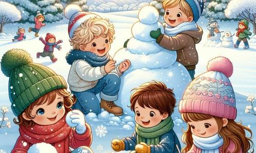 In a snowy field, four children are joyfully active: Emma, a 10-year-old girl with curly brown hair, wears a bright red scarf and a blue coat, shaping a large snowflake with a focused smile. Liam, a 9-year-old boy with messy blonde hair, is throwing a snowball at Noah while laughing. He wears a green hat and yellow gloves. Mia, a 10-year-old girl with long, smooth hair, sits in the snow, drawing snowy trees in her sketchbook while wearing a pink coat and white boots. Noah, a 9-year-old boy with brown hair, hides behind a small snow mound, ready to retaliate with a snowball, sporting a mischievous smile and a black jacket. The setting is a vast field covered in a thick layer of sparkling snow under the winter sun, with majestic trees laden with snow in the background. The main scene shows the children having fun together, creating winter memories filled with laughter, snow games, and creativity in a joyful and festive atmosphere.