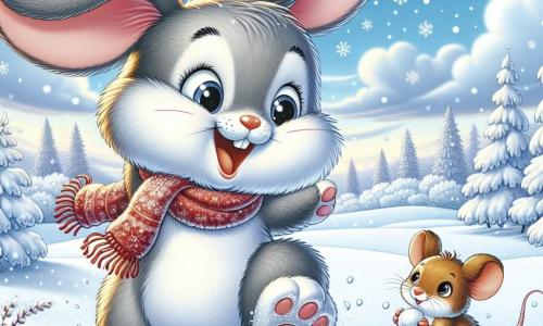 Een jong konijn met grote oren en een grijze vacht, met glanzende ogen van opwinding, springt vrolijk in de verse sneeuw en laat sporen achter. Het glimlacht breed, zijn roze wangen verraden zijn blijdschap. Dichtbij kijkt een kleine muis met bruine vacht en een rode sjaal om zijn nek vol verwondering naar het konijn, met sprankelende ogen van vreugde. Ze houdt een kleine sneeuwbal in haar pootjes, klaar om te gooien. De achtergrond toont een prachtig winterlandschap met met sneeuw bedekte bomen, een heldere blauwe lucht vol vallende sneeuwvlokken en een ongerepte bodem, wat een magische en blije sfeer creëert. De hoofdscène laat het konijn en de muis zien die samen plezier hebben in een sneeuwspel, omgeven door de rustige schoonheid van de winter, wat de geest van vriendschap en vreugde van het seizoen illustreert.