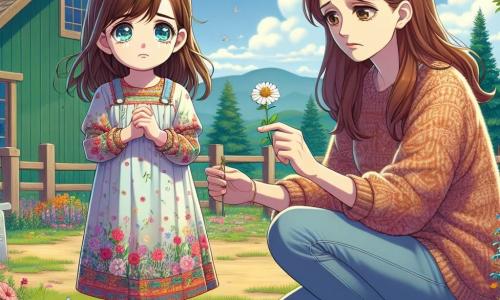 O fetiță de 8 ani, Miki, stă în centrul imaginii, cu părul brunet și ochii strălucitori, dar plini de tristețe. Poartă o rochie colorată cu motive florale și ține în mâini o floare albă, privind spre pământ cu o expresie melancolică. Lângă ea, mama ei, o femeie de aproximativ 35 de ani, cu părul lung și castaniu, o privește cu tandrețe, cu brațele deschise, pregătită să o îmbrățișeze. Ea poartă un pulover moale și o pereche de blugi, stând ușor înapoi, oferind confort fiicei sale. Decorul se desfășoară într-o frumoasă grajd verde, înconjurat de flori colorate și copaci majestuoși, sub un cer albastru presărat cu nori albi. În fundal, se vede un colț amenajat cu o piatră plată și o mică cruce din lemn, unde Miki a plantat floarea în memoria pisicii sale Pufi. Scena principală o arată pe Miki plângând ușor în timp ce ține floarea, în timp ce mama ei o încurajează să-și amintească de momentele frumoase petrecute cu companionul său cu patru picioare, creând o atmosferă atât tristă, cât și reconfortantă.