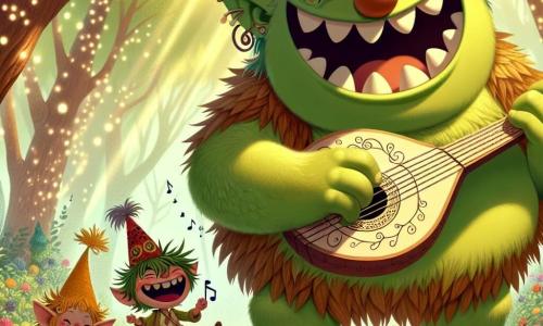 Um ogro alegre chamado Gorgo, com pele verde e olhos brilhantes de malícia, está tocando seu instrumento em forma de abóbora, rindo alto. Ele tem dentes brancos e afiados que brilham ao sol e uma grande silhueta que dança ao ritmo de sua música. Ao seu lado, Pipoca, um pequeno duende com cabelo desgrenhado e um chapéu vermelho que cai sobre os olhos, salta de alegria batendo palmas, enquanto Nino, um esquilo de pelagem marrom e cauda espessa, tenta dançar imitando Gorgo, com um grande sorriso no rosto. Eles estão em uma clareira encantada do Bosque do Sorriso, onde as árvores com folhas cintilantes se curvam suavemente ao ritmo da música e flores coloridas dançam ao redor deles. A cena principal mostra Gorgo tocando música para fazer as abóboras dançarem, enquanto Pipoca e Nino se divertem rindo e pulando ao seu redor, criando uma atmosfera alegre e cheia de vida.
