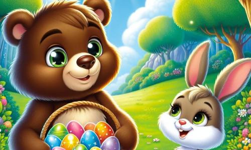Un giovane orso bruno di nome Bruno, con grandi occhi brillanti di curiosità e un sorriso gioioso, si trova al centro di un meraviglioso prato verde, tenendo un cestino di vimini pieno di uova colorate. Accanto a lui, una piccola coniglietta dalle lunghe orecchie dorate, di nome Aurelio, con un'espressione amichevole e meravigliata, osserva le uova brillanti che scintillano sotto il sole. Sullo sfondo, alberi maestosi con foglie brillanti e fiori multicolori danzano dolcemente al vento, mentre un cielo blu chiaro si estende sopra di loro, punteggiato da nuvole bianche e soffici. La scena rappresenta Bruno e Aurelio che celebrano la magia di Pasqua, circondati da un'atmosfera gioiosa, pronti a condividere le uova magiche con tutti gli animali della foresta.