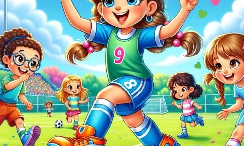 Carla, una niña sonriente de unos 10 años, lleva un uniforme de fútbol azul brillante con el número 9 y botas naranjas. Llena de energía, levanta los brazos con alegría mientras les enseña a los niños a driblar el balón. Al lado de ella, Paula, una pequeña con coquetas trenzas rosas, observa admirada, sosteniendo una pelota de fútbol. Lucas, un niño de 9 años con gafas redondas y una sonrisa traviesa, está a punto de patear la pelota, con los ojos brillantes de emoción. La escena ocurre en un gran campo de fútbol verde, rodeado de árboles coloridos y un cielo azul claro con nubes blancas. Niños corren, riendo y divirtiéndose, creando una atmósfera alegre y dinámica. La situación principal muestra a Carla enseñando a los niños a pasar la pelota, todos juntos en un momento de felicidad compartida, con risas y gestos entusiastas.
