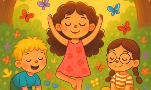 Er zijn 3 personages: - Sophie: een 5-jarig meisje met lange, krullende haren en sprankelende ogen. Ze draagt een roze jurk met bloemenpatronen en staat in het midden met haar armen omhoog naar de lucht, als een klein boompje. - Bram: een 5-jarig jongetje met rommelig blond haar en een grote glimlach. Hij draagt een blauwe t-shirt en groene shorts, en hij staat links van Sophie, in de 'kat'-houding, op handen en knieën. - Lotte: een 5-jarig meisje met gevlochten bruin haar en ronde brillen. Ze draagt een gele rok en een gestreept t-shirt. Ze zit rechts van Sophie in de 'vlinder'-houding, met de voeten bij elkaar en de benen die zachtjes bewegen. De scène speelt zich af in een prachtige geheime tuin, vol kleurrijke bloemen die zachtjes in de wind dansen. Kleurrijke vlinders fladderen om hen heen, en een zachte gouden gloed komt van een vuurvliegje dat boven hen zweeft. Op de achtergrond staan majestueuze bomen, waarvan de glanzende bladeren een zacht geruis creëren. De hoofdscène toont de kinderen die de magie van ademhaling in hun geheime tuin ontdekken. Ze staan in een cirkel, met gesloten ogen, diep ademhalend, omringd door een vredige en heldere sfeer, terwijl het vuurvliegje hun pad verlicht.