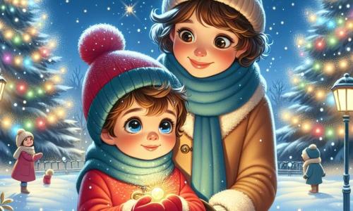 Ein 3-jähriger Junge mit großen, neugierigen Augen und rosigen Wangen steht in einem verschneiten Park, trägt einen leuchtend roten Mantel und einen blauen Schal. Er lächelt erstaunt und hält ein kleines Stück goldenes Licht in seiner Hand. Neben ihm steht seine Mutter, eine Frau in den Dreißigern mit braunen, lockigen Haaren, die einen beigen Wollmantel und eine passende Mütze trägt. Sie schaut ihn liebevoll an, mit offenen Armen, bereit ihn zu umarmen. Die Szenerie ist ein magischer Winterpark, in dem große Bäume mit funkelndem Schnee bedeckt sind und von bunten Lichtern geschmückt werden. Sanfte Schneeflocken fallen vom sternenklaren Himmel und schaffen eine märchenhafte Atmosphäre. Die Szene zeigt den Moment, in dem der Junge sein goldenes Licht mit seiner Mutter teilt, was Liebe und Freude zu Weihnachten symbolisiert, während ein sanftes Lächeln ihre Gesichter erhellt.