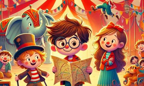 En un circo colorido y animado, tres amigos están en el centro del escenario. Lucas, un niño de 8 años con cabello castaño desordenado y gafas redondas, mira a su alrededor con curiosidad, sosteniendo un mapa del tesoro. A su derecha, Sofía, una niña de 7 años con cabello largo y rubio, lleva un sombrero de payaso y sonríe valientemente, lista para ayudar. A la izquierda, Tomás, un niño de 9 años con cabello castaño y una prótesis en la pierna, se mantiene de pie sobre un pequeño banco, con los brazos cruzados y una gran sonrisa. El decorado es una gran carpa de circo a rayas rojas y blancas, adornada con guirnaldas luminosas. En el fondo, elefantes majestuosos y malabaristas en acción añaden a la atmósfera festiva. Los amigos están en busca del bastón de Nico, el funámbulo, que se ha perdido. Están examinando el suelo con determinación, rodeados de globos coloridos y risas de niños, listos para resolver el misterio y salvar el espectáculo.