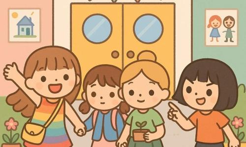 Cuatro niñas de 7 años: Sofía (pelo castaño claro largo con flequillo, sonrisa amplia, vestido de rayas arcoíris y bolso amarillo, salta a la izquierda), Elena (pelo castaño en dos coletas, expresión tímida y curiosa, chaleco azul y mochila rosa pálido, un poco detrás a la derecha de Sofía), Marta (pelo rubio recogido en moño, mirada serena, falda verde, sostiene una caja con una semilla, en el centro sujetando la mano de Elena), Carla (pelo negro a la altura del mentón, aire travieso, camiseta naranja y zapatillas rojas, señala la puerta de la escuela a la derecha). Lugar: entrada frontal de una escuela primaria colorida con puertas de madera amarillas, paredes con dibujos y guirnaldas, pavimento gris claro, macetas con flores rosas y verdes, cielo azul con nubes. Situación: primer día de clase, emocionadas y algo nerviosas, escena luminosa y dinámica; estilo kawaii minimalista, colores vivos y fondo claro.
