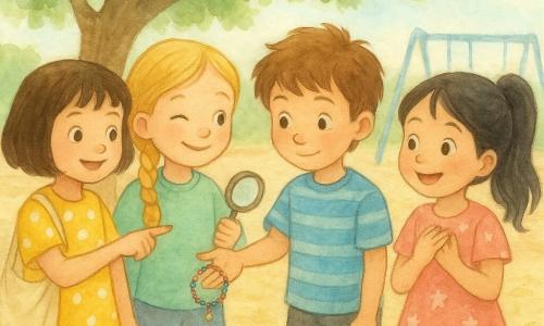 Hay cuatro niños de 6 años: Sofía, pelo castaño corto, vestido amarillo de lunares, sonríe y señala la pulsera estando a la izquierda; Martina, trenza rubia, suéter menta, sostiene una lupa y guiña un ojo, junto a Sofía centro-izquierda; Nico, pelo castaño despeinado, camiseta azul a rayas, ofrece tímidamente la pulsera a Clara desde el centro-derecha; Clara, cola de caballo negra, vestido rosa con estrellas, manos en el pecho y gran sonrisa, a la derecha frente a Nico; escena en el patio de la escuela bajo un gran árbol con banco y juego difuminado al fondo, suelo arenoso y pequeñas flores, luz suave; momento cálido y alegre de entrega de la pulsera, estilo acuarela con colores pastel y contornos tenues.
