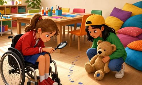 Hay tres personajes: Lucía, niña de 9 años, pelo castaño claro en coleta, piel clara, chaqueta roja y falda azul, sentada en una pequeña silla de ruedas moderna a la izquierda, sosteniendo una lupa hacia una pista azul de tinta en el suelo; Sofía, niña de 9 años, pelo negro medio con gorra amarilla, piel morena, sudadera verde y zapatillas blancas, a la derecha, agachada y abrazando al pequeño peluche; Osito, peluche marrón claro con nariz cosida negra y una mancha azul de tinta en la pata, ligeramente arrugado y apoyado contra un cojín. Lugar: sala polivalente luminosa con parquet claro, paredes crema, guirnaldas de papel, mesa de manualidades en el centro con papeles y pegamento, cojines multicolores en un rincón y globos en el techo. Situación: las niñas siguen una pista azul de tinta que conduce a los cojines; Lucía inspecciona la pista con su lupa y Sofía, aliviada, sostiene al osito; atmósfera cálida, colores vivos y luz suave.