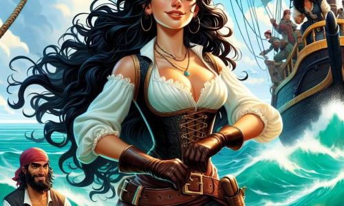 Een jonge piratenvrouw, Kapitein Roxy, staat trots op het dek van haar schip, De Bruine Kogel. Ze heeft lange, golvende, diepzwarte haren en draagt een piratenhoed versierd met een rode veer. Haar gezicht straalt vastberadenheid en durf uit, met een zelfverzekerde glimlach. Naast haar past Maja, een gespierde matroos van ongeveer 25 jaar, haar leren handschoenen aan en speurt de horizon met een waakzame uitdrukking. Haring-Jan, de joviale kok, is bezig een gerecht te bereiden op een klein vuurtje, met een vlekken schort en een grote glimlach op zijn gezicht. De achtergrond toont een stralende turquoise zee met glinsterende golven onder een heldere blauwe lucht met witte wolken. Op de achtergrond is een ander schip, het vaartuig van Krabklauw, te zien met een grote zwarte zeil, dreigend en imposant. De belangrijkste situatie laat Roxy en haar bemanning zien die zich voorbereiden om hun schip te verdedigen, terwijl het vijandige schip snel nadert, wat een voelbare spanning in de lucht creëert.
