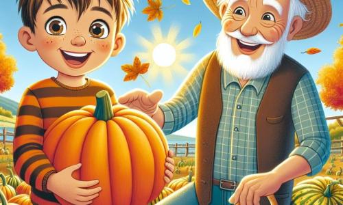 Un niño de 8 años, con el cabello castaño desordenado y ojos brillantes de curiosidad, se encuentra en medio de un campo de calabazas. Lleva un suéter naranja a rayas marrones y unos jeans, y muestra una amplia sonrisa llena de emoción y alegría. A su lado, su abuelo, un hombre mayor con barba blanca y un sombrero de paja, sonríe mientras sostiene una gran calabaza bajo su brazo y le muestra otra calabaza a su nieto. La escena tiene lugar en un campo soleado, rodeado de árboles con hojas doradas y rojas, mientras las hojas caen suavemente al suelo. El niño y su abuelo están cosechando calabazas para la fiesta de la cosecha, llenando alegremente sus cestas de coloridos frutos de otoño.