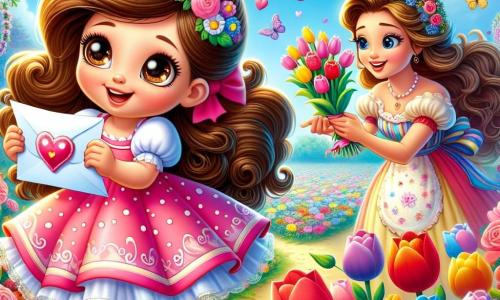 Una niña de 6 años, llamada Lucía, con grandes ojos marrones y cabello rizado, sonríe maravillada mientras sostiene una carta decorada con corazones brillantes. Lleva un vestido rosa con lunares blancos y sandalias amarillas, en un jardín encantado lleno de flores coloridas que bailan al viento. A su lado, una mujer sonriente, Rosa, la florista de unos 30 años, tiene el cabello largo y ondulado, adornado con una corona de flores. Está preparando un ramo de tulipanes brillantes, inclinándose ligeramente hacia Lucía con una mirada cálida. El jardín es un lugar mágico, con rosas cantantes, mariposas multicolores revoloteando y un cielo azul salpicado de nubes esponjosas. La escena principal muestra a Lucía entregando la carta a Rosa, un momento lleno de alegría y emoción, mientras las flores a su alrededor parecen vibrar de felicidad, creando una atmósfera encantada y festiva.