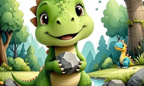 Un pequeño velociraptor redondeado color verde manzana con manchas claras, ojos muy grandes y brillantes y sonrisa dulce, sosteniendo una piedra lisa y brillante contra el pecho, a la izquierda; a la derecha, un triceratops rechoncho color marrón claro con cuernos cortos bebe en la orilla y mira la piedra con benevolencia; detrás, una diplodocus esbelta azul pastel de cuello muy largo empuja la piedra hacia la orilla con la cola; escena junto a un pequeño arroyo brillante de agua azul claro con reflejos dorados, riberas de hierba verde, hojas grandes y flores simples, colina suave y cielo amarillo pálido; situación: los tres reunidos en la orilla mientras la diplodocus empuja la piedra hacia el velociraptor y flotan pequeñas burbujas luminosas y un ligero halo de purpurina dorada; estilo gráfico: trazos gruesos y redondeados, colores planos y saturados, sombras muy suaves, ambiente cálido y juguetón.
